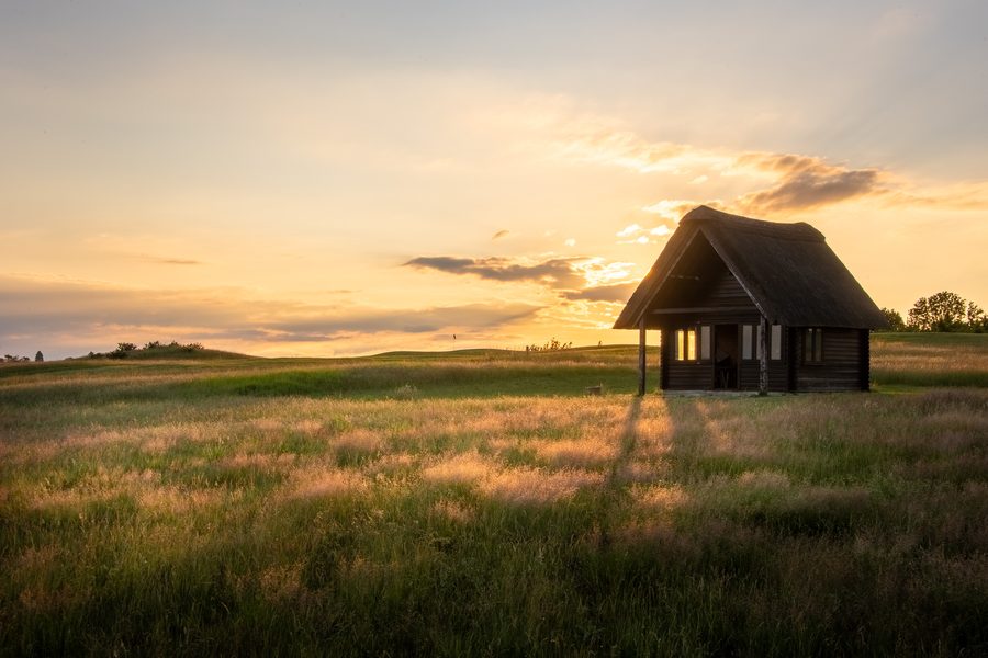 The thatched hut in the long grass at sunset